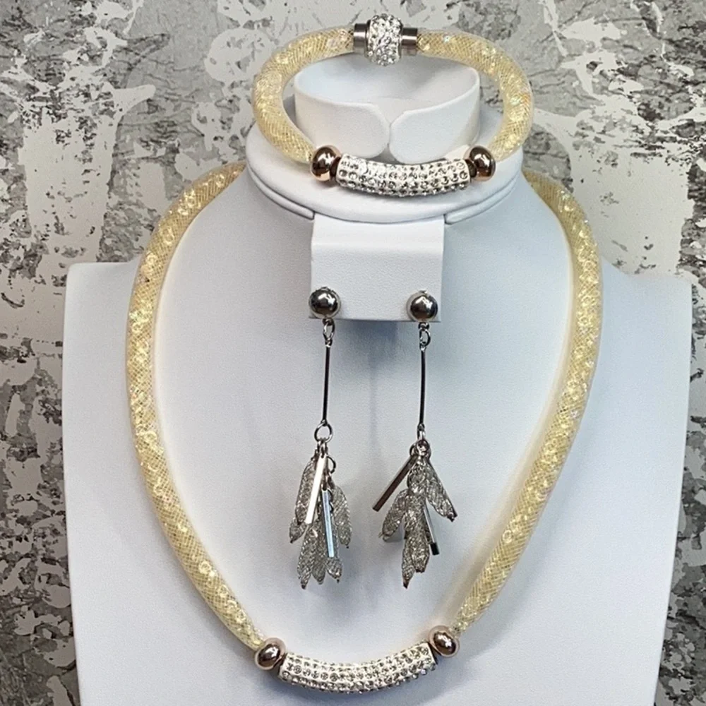 Rhinestone and Crystal AB Yellow Silver and White Necklace Bracelet Earrings Set
